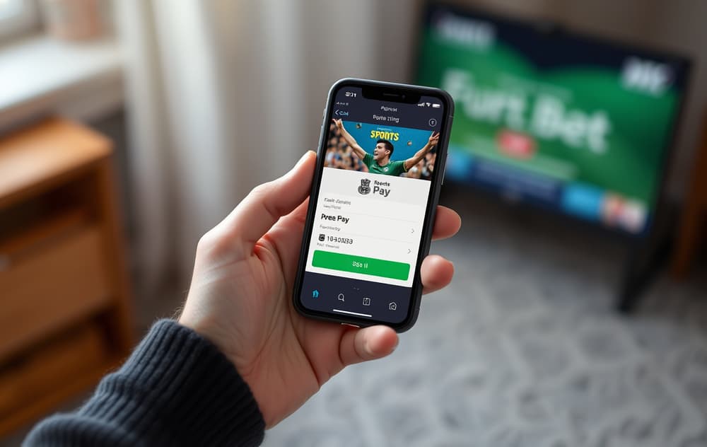 Person som bruker Apple Pay på iPhone for innskudd hos en bookmaker.