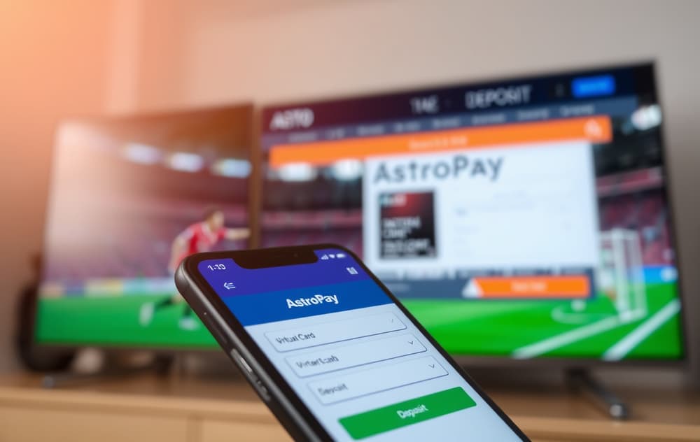 AstroPay-appen på mobil med virtuelt kort, bookmakers innskuddsside i bakgrunnen.