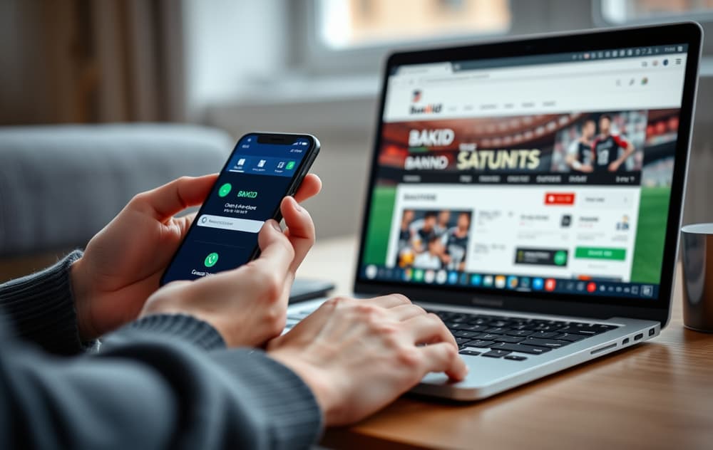 Person som bekrefter bankoverføring med BankID på mobil, med spillside på laptop i bakgrunnen.