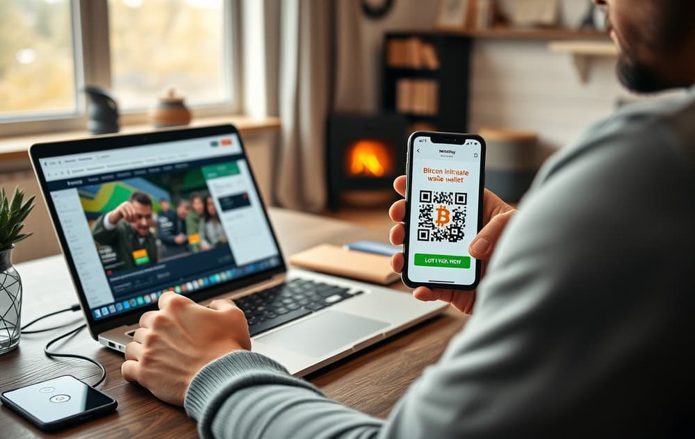 En person som bruker Bitcoin-lommebok på mobilen for å sette inn penger på en bettingside