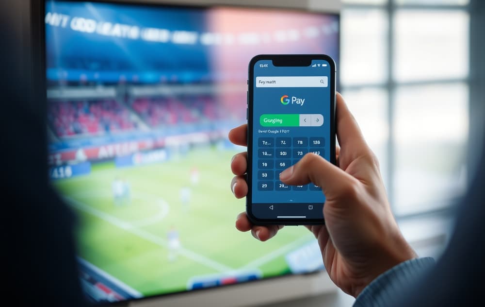 En person betaler med Google Pay på en mobiltelefon for sportsbetting.