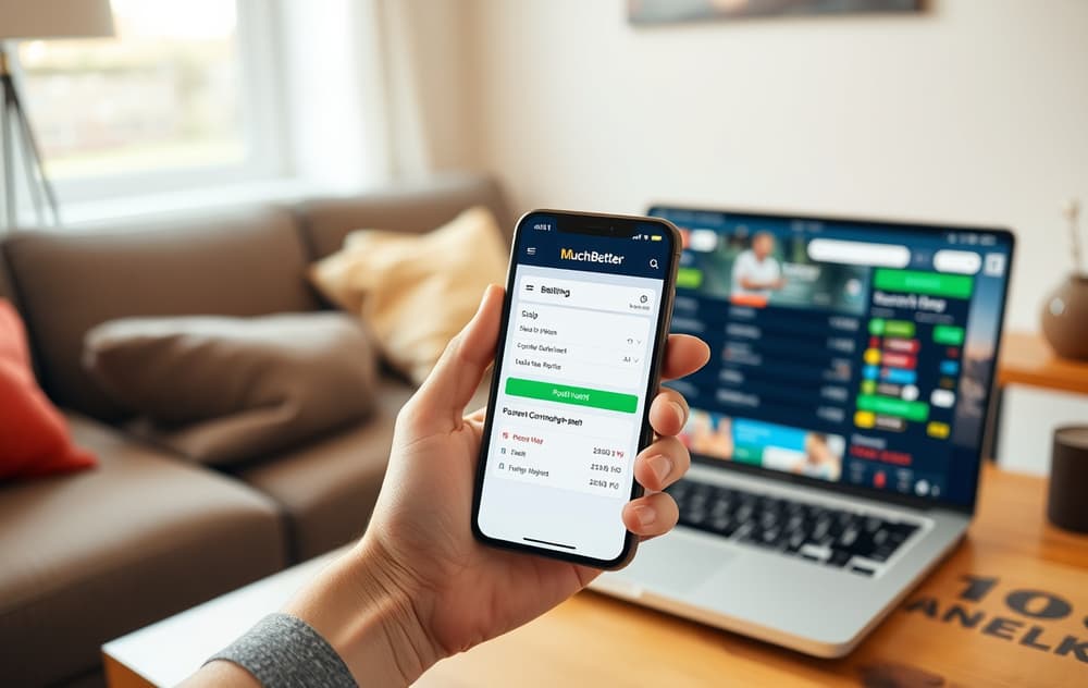 Person som bruker MuchBetter-appen på mobilen for bettinginnskudd
