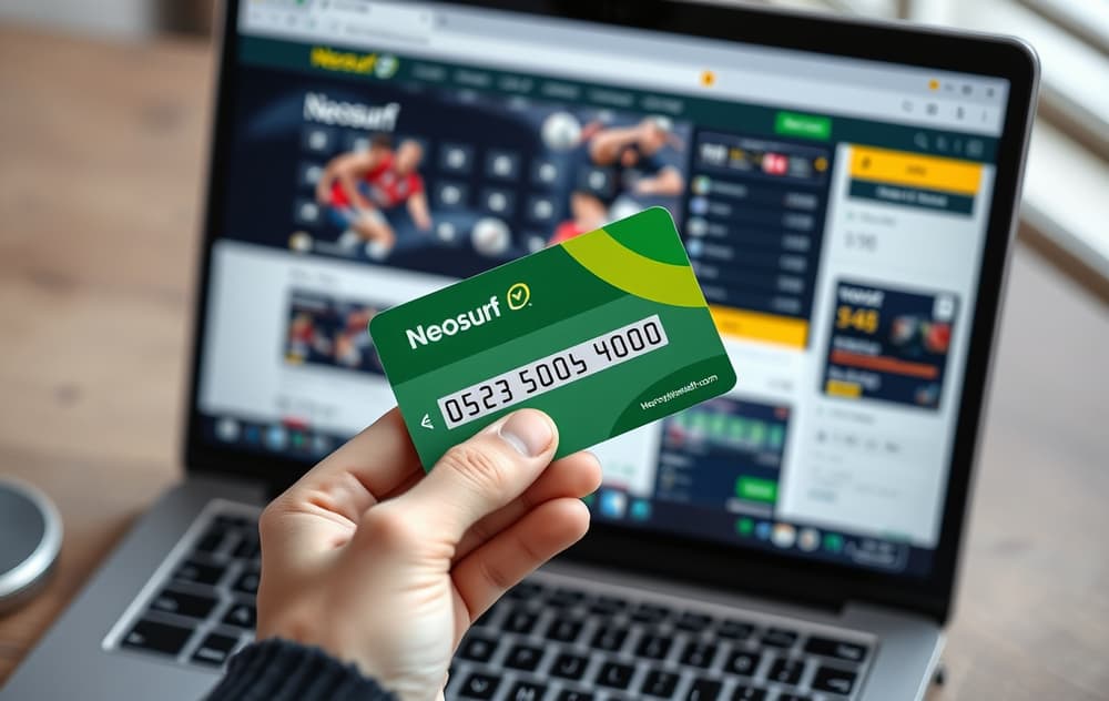Person som holder et Neosurf-kort foran en laptop med en bettingside.