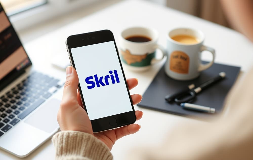 Person som bruker mobil for betting med Skrill-logo.