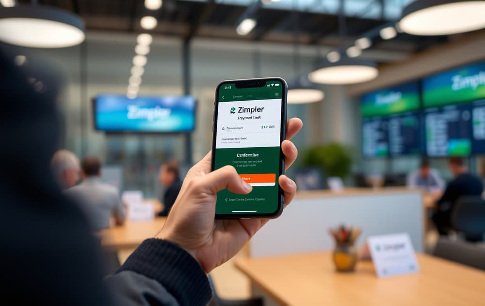 Person som betaler med Zimpler på mobilen hos en bookmaker