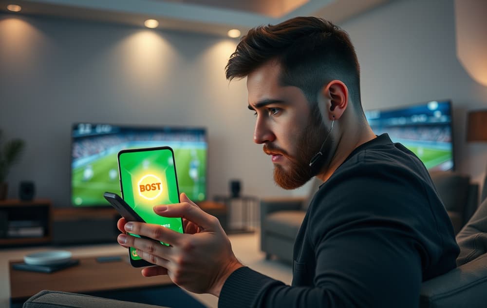Person som ser på en mobilskjerm med et lynsymbol som indikerer oddsboost, med fotballkamp på TV i bakgrunnen