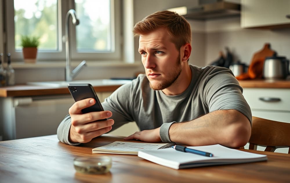 Mann som vurderer odds på mobilen med notatbok og penn – ansvarlig spilling