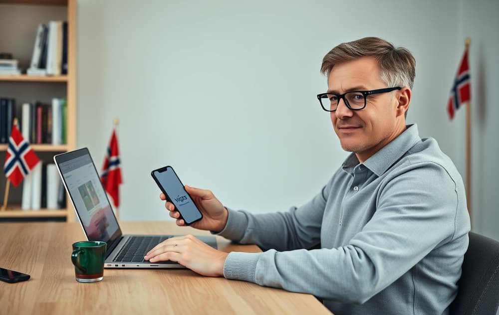 Norsk person som sitter ved et skrivebord og ser på en betting-side på en bærbar PC, med Vipps på mobilen.