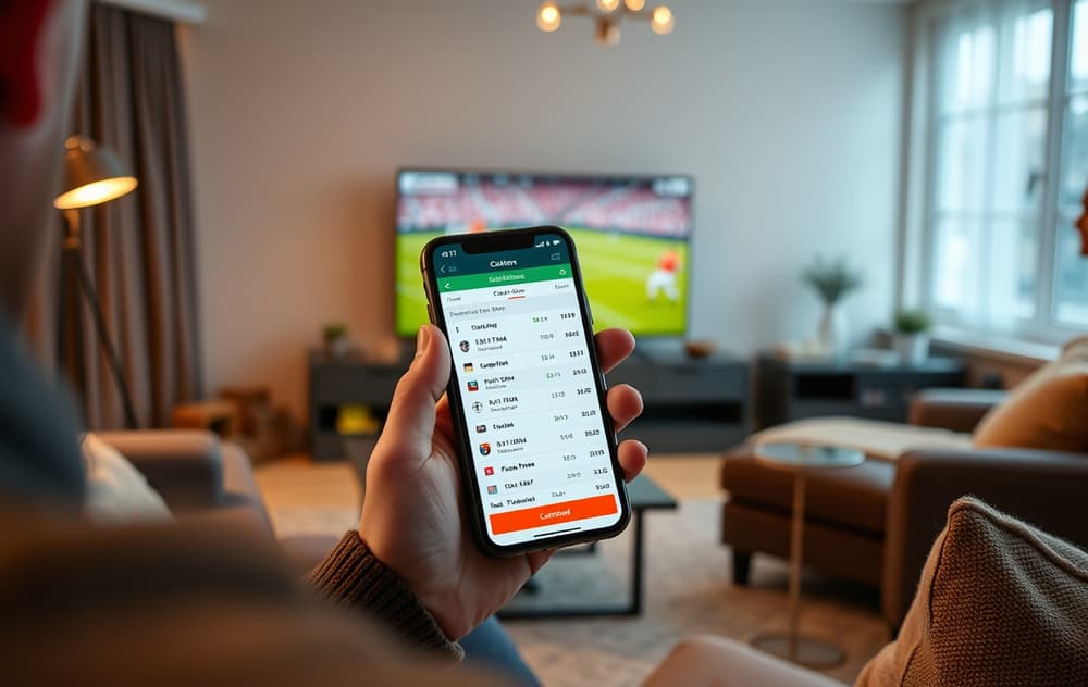 Norsk spiller som bruker oddsbygger på mobil med fotballkamp på TV