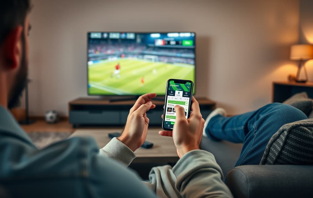 Person som sitter i sofa og ser på live odds på mobilen, med fotballkamp på TV i bakgrunnen.
