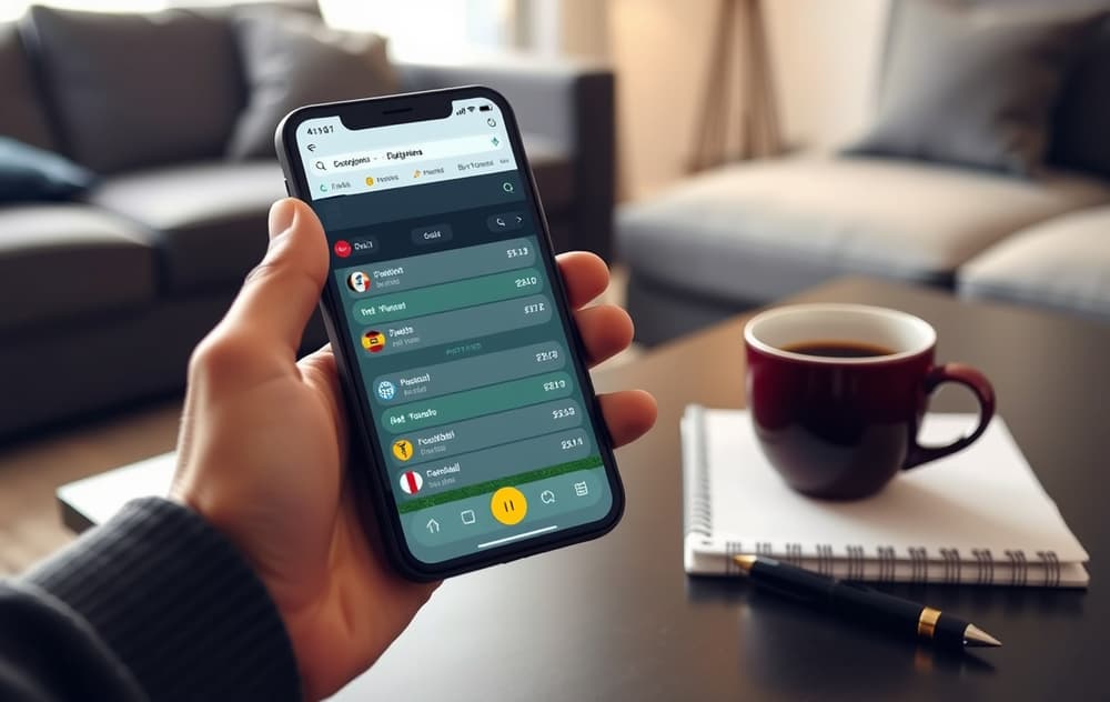 Person som sammenligner bettingapp på mobiltelefon med odds for fotballkamp