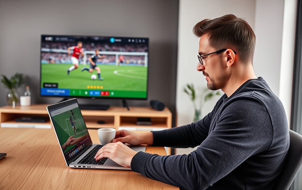 En person sammenligner bettingsider på en bærbar PC, med fotballkamp på TV i bakgrunnen.