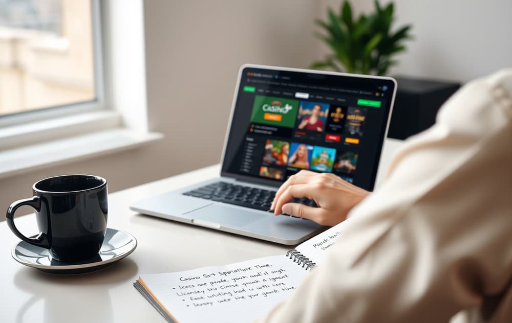 En person som sammenligner casinoer på en bærbar PC med notater om lisens og uttakstider.