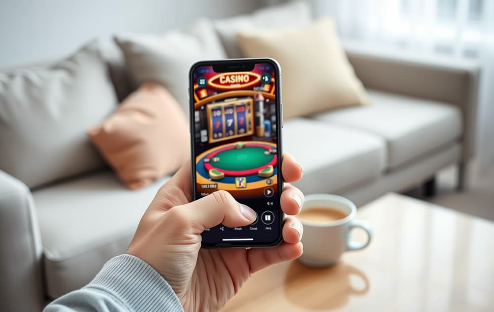 Person som spiller mobilcasino på smarttelefon i stuen, med kaffekopp og moderne interiør.