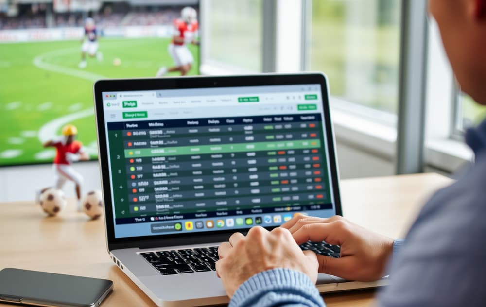 Person som sammenligner bettingsider på bærbar PC med sport i bakgrunnen