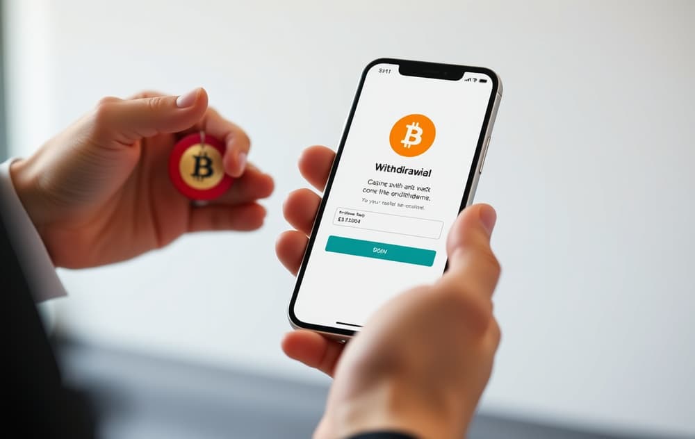 Person som holder en mobiltelefon med uttaksbekreftelse fra et casino, med Bitcoin- og lommebokikoner i bakgrunnen.