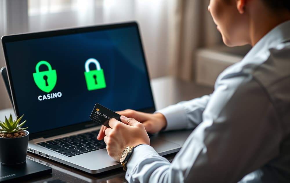 Person som sjekker sikkerhet på et nettcasino med SSL-ikon på skjermen