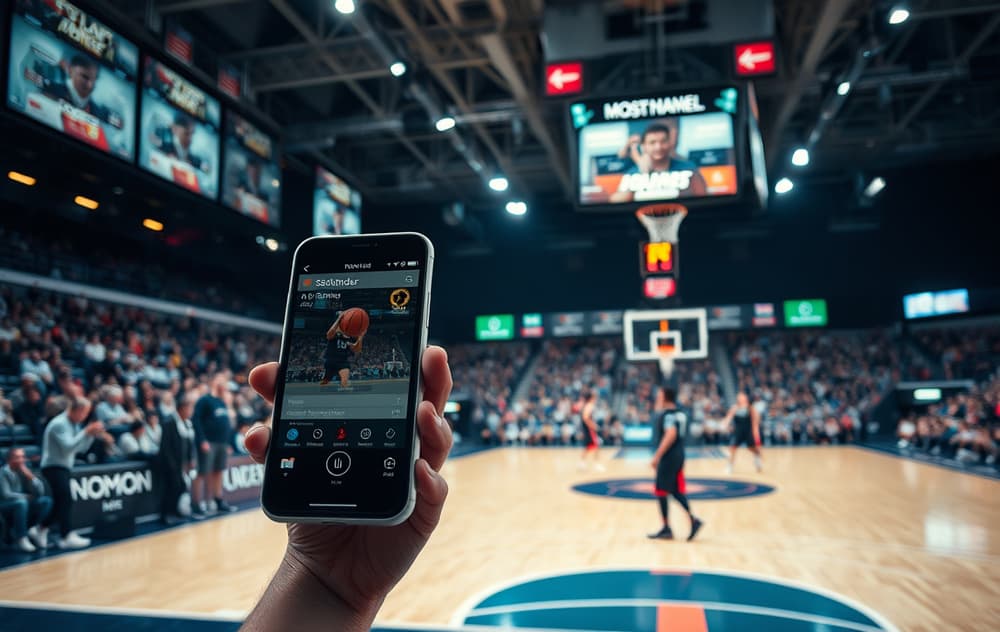 Basketballspiller i hopp mens en telefon viser oddsskjerm