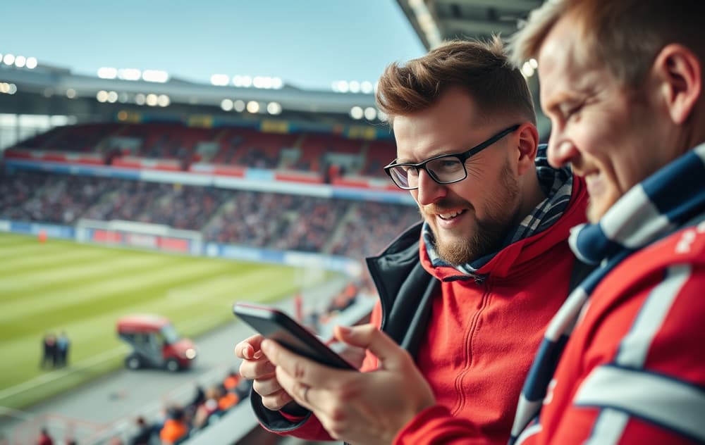 Norske fotballsupportere tipper på mobilen på stadion.