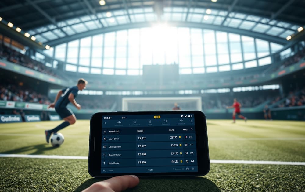 Håndballkamp med bettingodds på mobilskjerm i forgrunnen