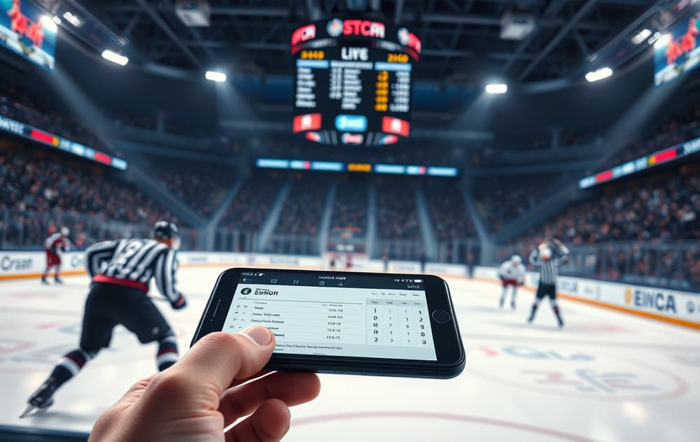 Ishockeykamp med odds på skjerm og mobil med betting-app