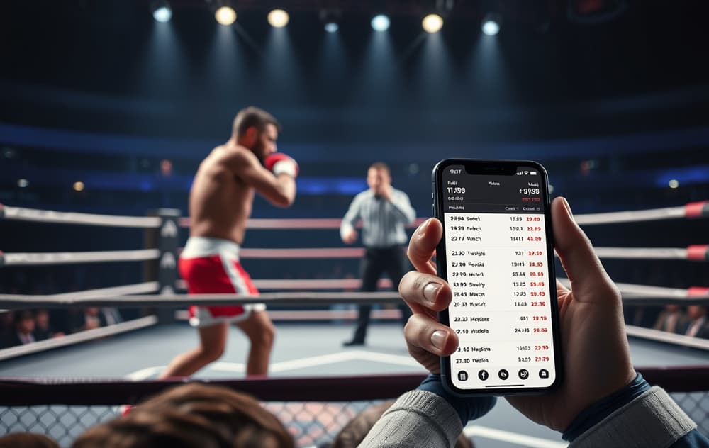 MMA-fightere i bur med smarttelefon som viser bettingodds i forgrunnen